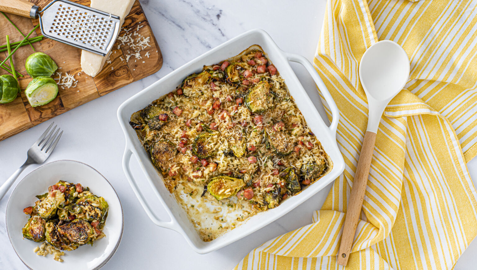 Ham and Brussel Sprouts with White Rice Gratin