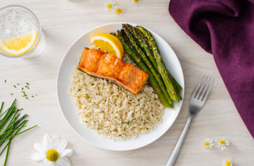 CHAMOMILE INFUSED FLORAL JASMINE RICE WITH BROILED SALMON AND ASPARAGUS RECIPE – JASMINE RICE